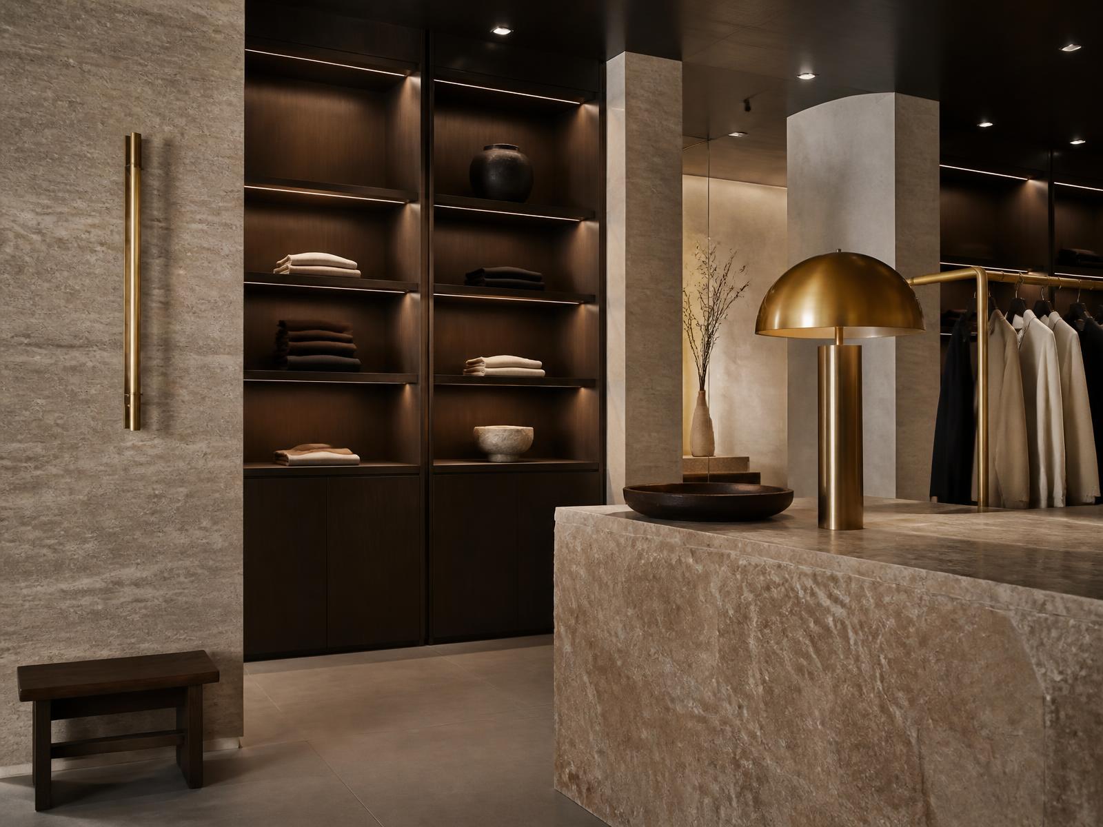 Upscale boutique interior with dark wood shelving, stone counter and brass lighting