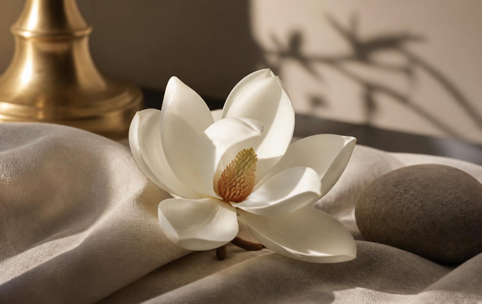 Single white magnolia blossom resting on linen beside a brass object and smooth stone