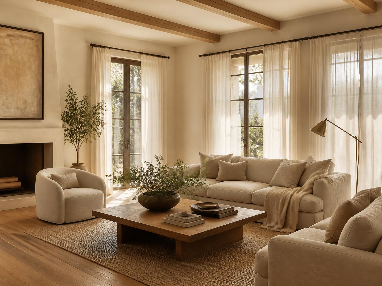 Sunlit luxury living room with linen sofas, oak floors and sheer curtains