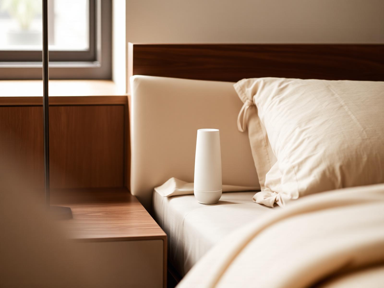 Slim white scent system on a walnut nightstand in a luxury bedroom