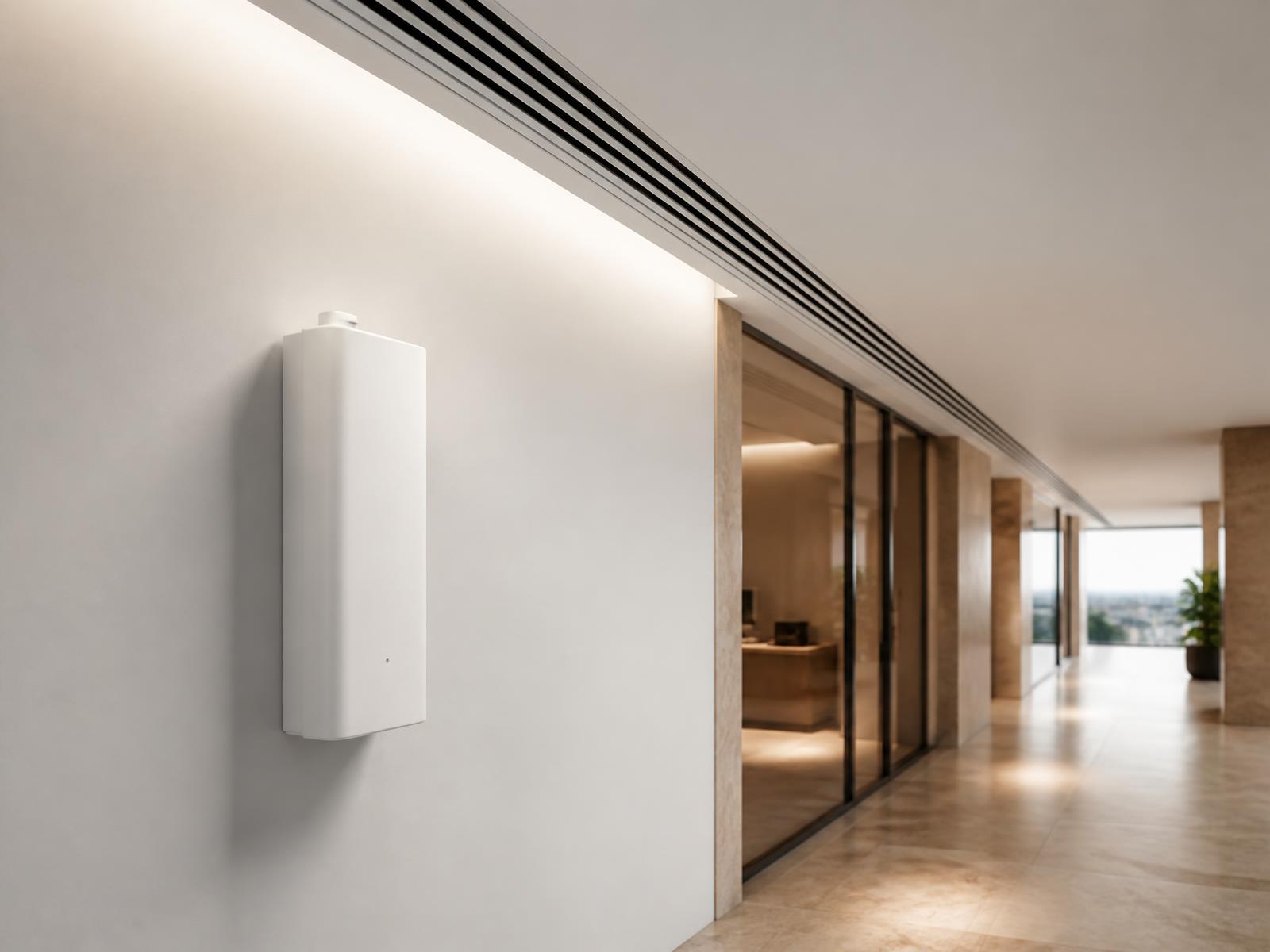Discreet white professional scenting unit wall-mounted beside a linear ceiling vent in an upscale office corridor