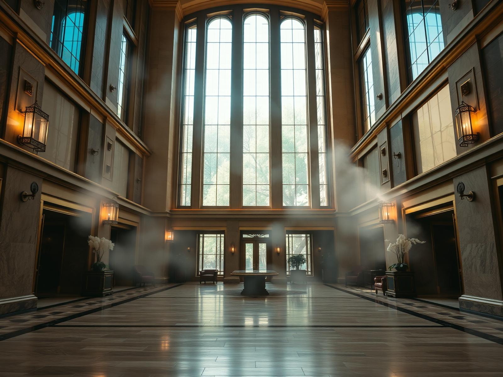 Grand luxury hotel atrium with stone floors and a faint drift of fragrance mist